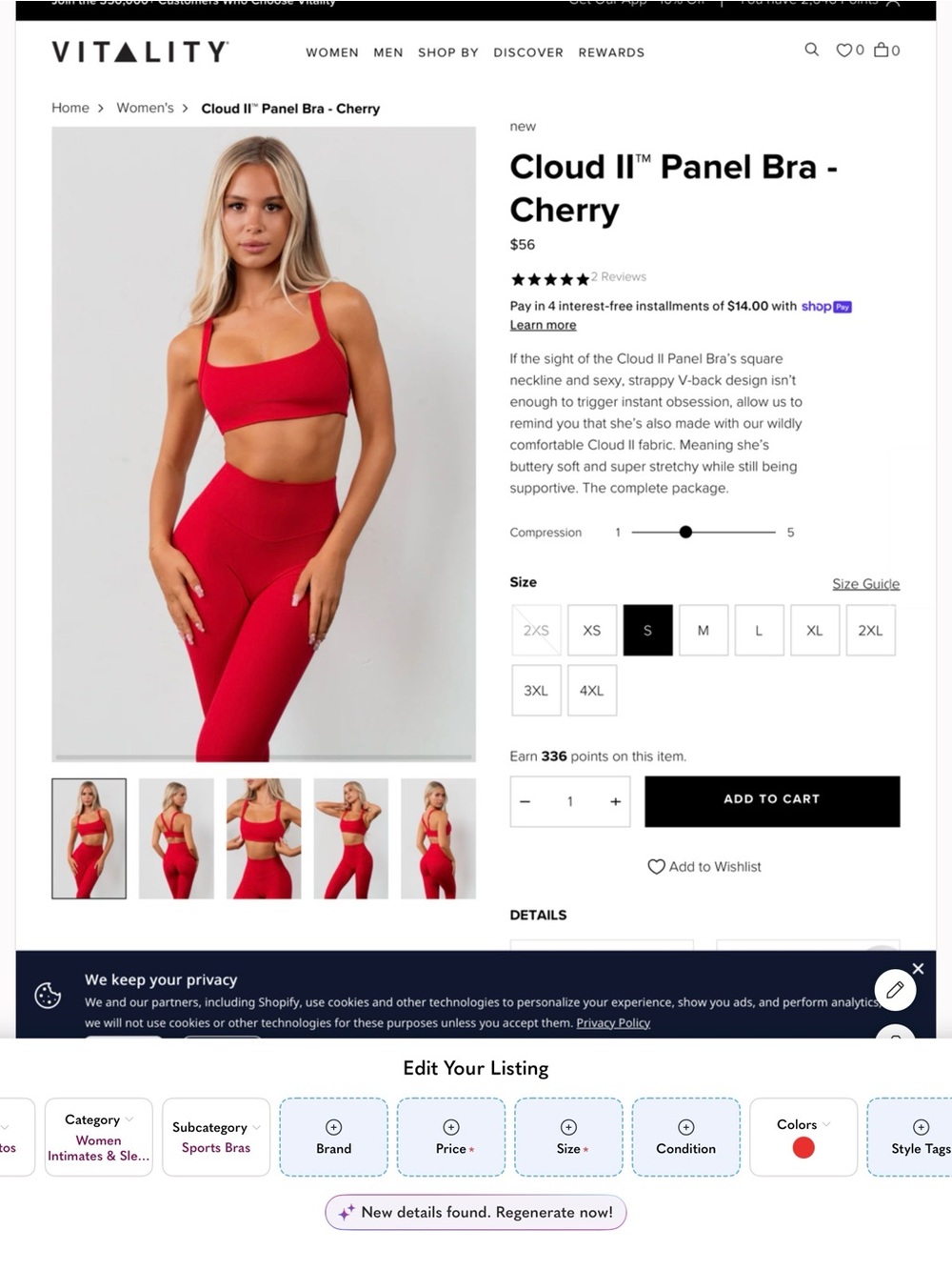 Vitality Cloud II™ Panel Sports Bra  and legging set - Cherry Red NWOT
